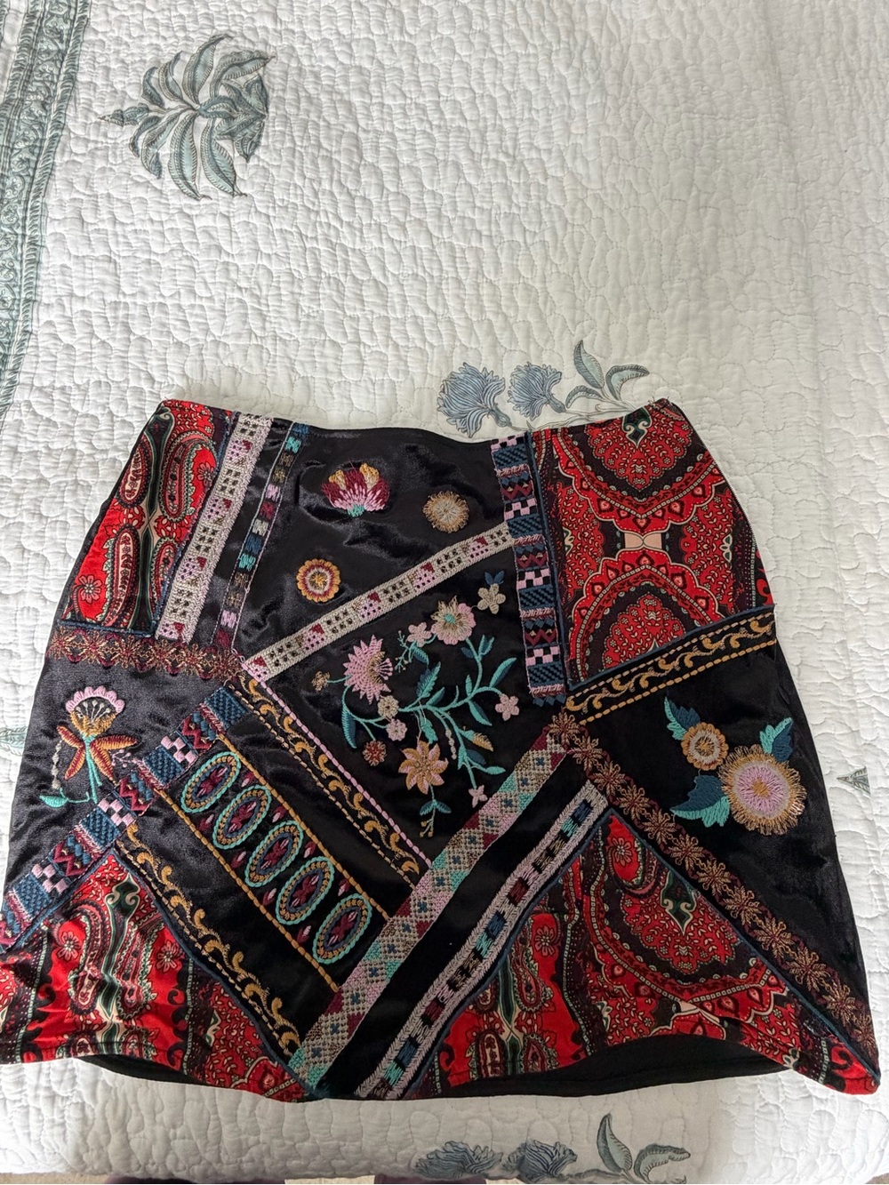 Zara Patchwork Embroidered Mini Skirt - Black & Red